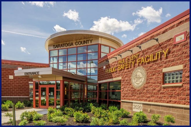 Exterior Shot of the Front Entrance of Saratoga County's Paul E. Lent Public Safety Facility in Ballston Spa, NY
